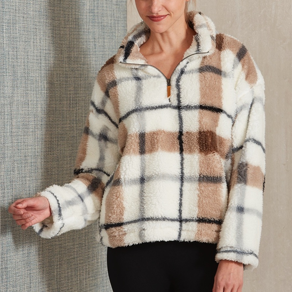 Thread & Supply Cream and Gray Plaid Teddy Jacket